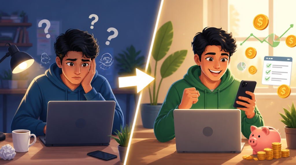 Ilustrasi dua bagian: sebelah kiri menunjukkan seorang pemuda bingung tentang pekerjaan online dan sebelah kanan menunjukkan keberhasilan meraih penghasilan dari mikro-tugas secara online dari rumah tanpa pengalaman menggambarkan transformasi kerja jarak jauh dari pemula menjadi pekerja produktif dengan mudah, menggunakan laptop dan HP, konsep pendapatan digital, warna cerah dan komposisi menarik.
